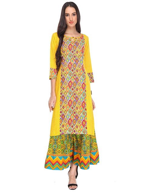 Buy Riti Riwaz Yellow Printed Rayon Round Neck 3/4 Sleeve Kurta ...