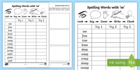 'ee' Spelling List Worksheets