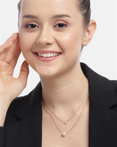 18kt Rose Gold Plated with Heart & Pearl Double Chain Necklace for wom ...