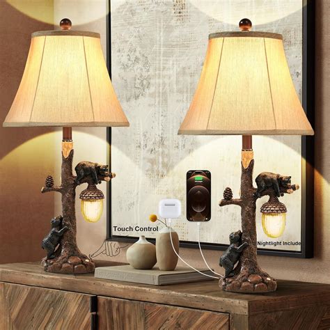 LOKHOM Rustic Western Bear Table Lamp with Nightlight Set of 2, 26 ...