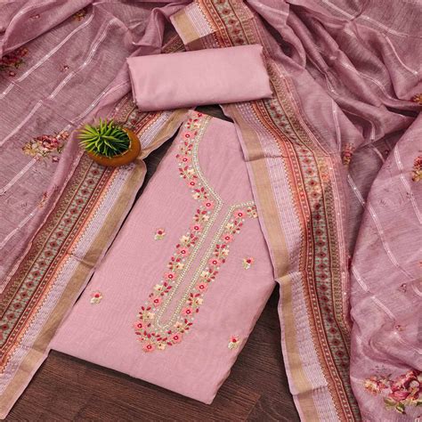 Pink Floral Embroidered Chanderi Dress Material