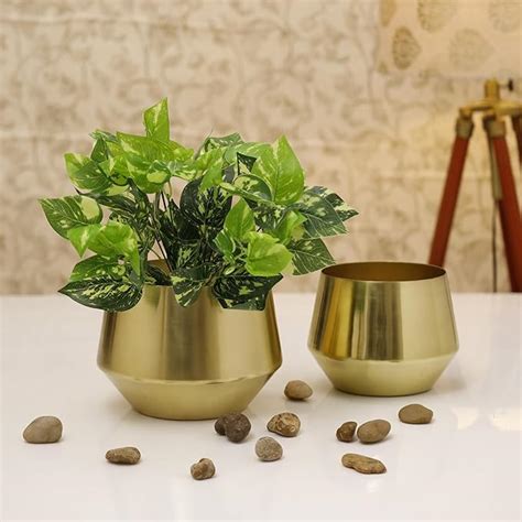 HomeShastra Oak Gold Planter | Pack of 2 | Height 5.5 & 6 inches Dia 5. ...