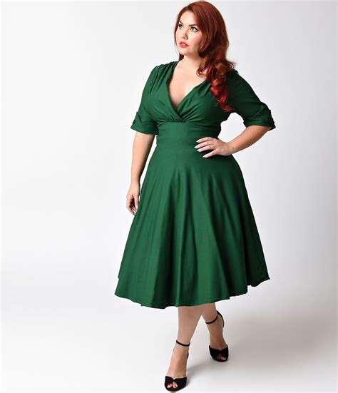 Unique Vintage Plus Size Emerald Green Delores Swing Dress with Sleeves ...