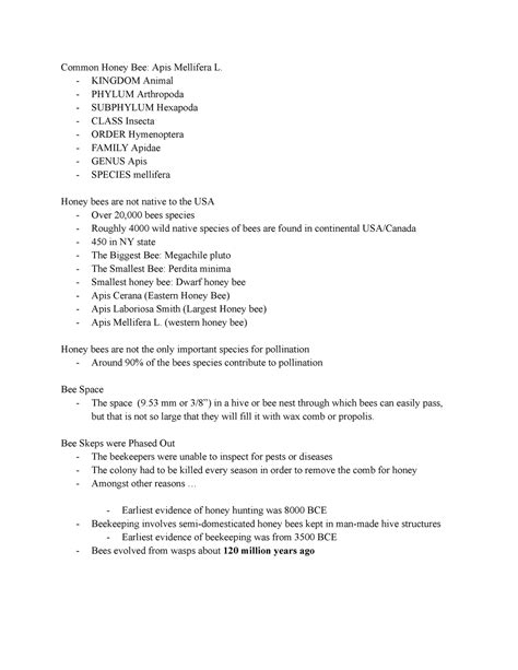 ENTOM 2030 Prelim 1 Review - Common Honey Bee: Apis Mellifera L. - KINGDOM Animal - PHYLUM - Studocu - phylum of honey bee