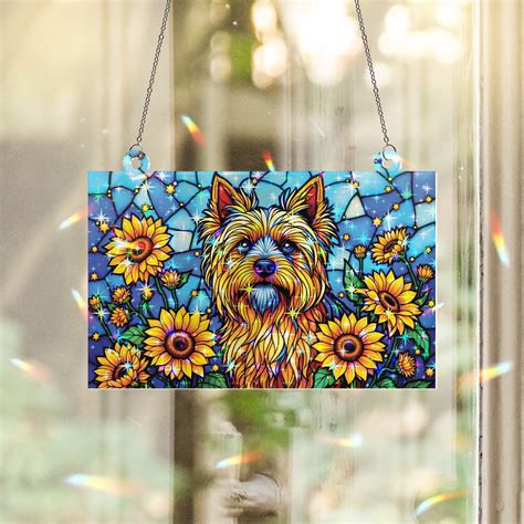 89Bloom Yorkshire Terrier & Sunflower Stained Glass Hologram Ornament ...