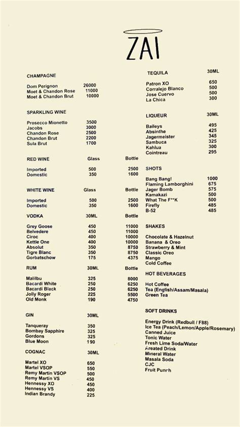 Menu at Zai, New Delhi, Building No. 3