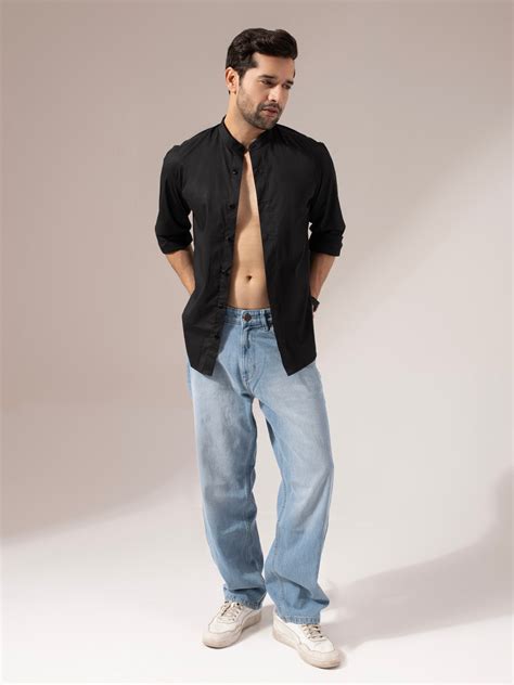 Black Solid Band Collar Cotton Shirt – P E R C H