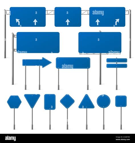 Blue road signs different shapes on metal frame. Vector realistic set ...