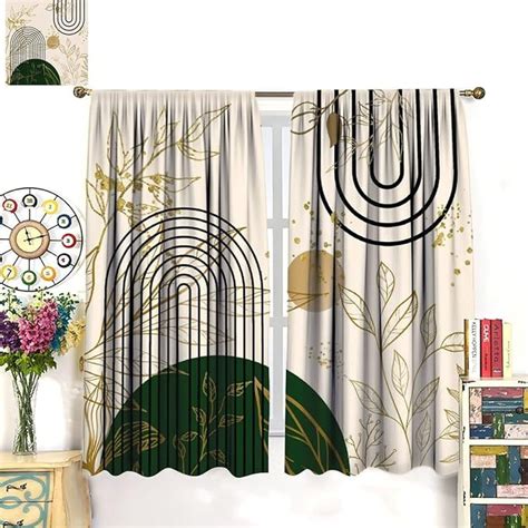 Mid Century Modern Curtains Boho Green Gold Leaves Absctract Geometric ...
