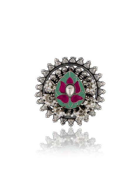 NB Signature Lotus Motif Adjustable Ring With Freshwater Pearl by Neeta ...