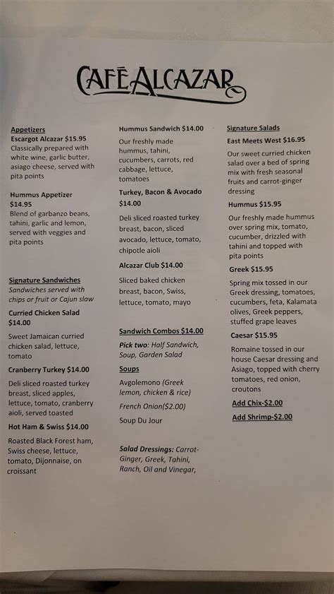 Menu at Café Alcazar cafe, St. Augustine