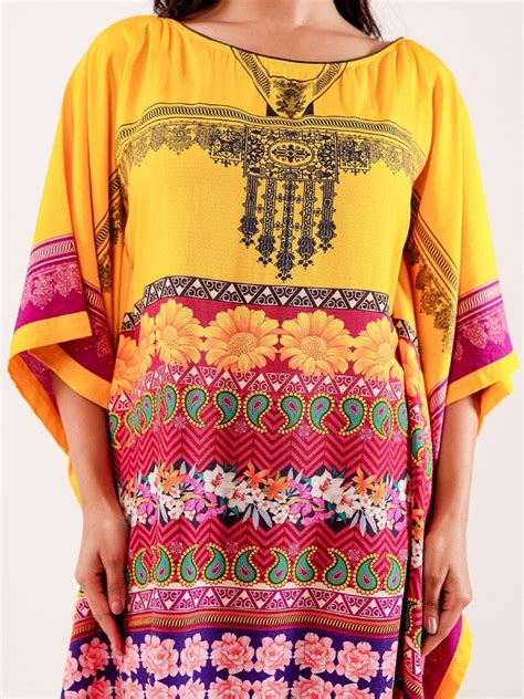 Yellow Ethnic Floral Printed Modal Loungewear Kaftan with Border Detail ...