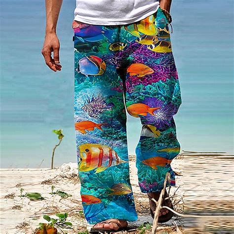 Men's Trousers Summer Pants Beach Pants Drawstring Elastic Waist 3D ...