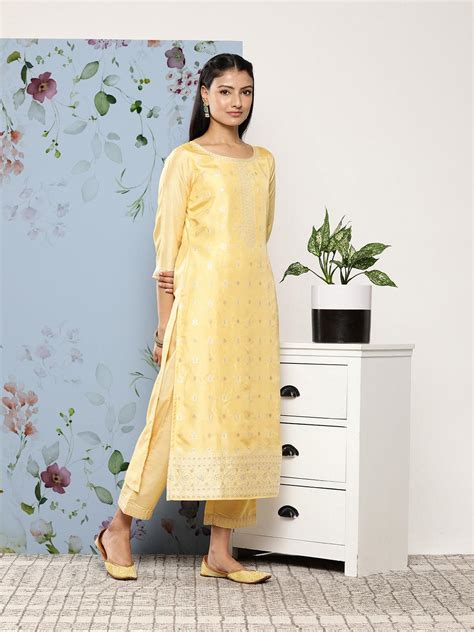 Buy Yellow Self Design Silk Blend Straight Kurta With Trousers ...
