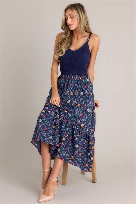 Navy Floral Print Sweater Maxi Dress - All Dresses | Red Dress