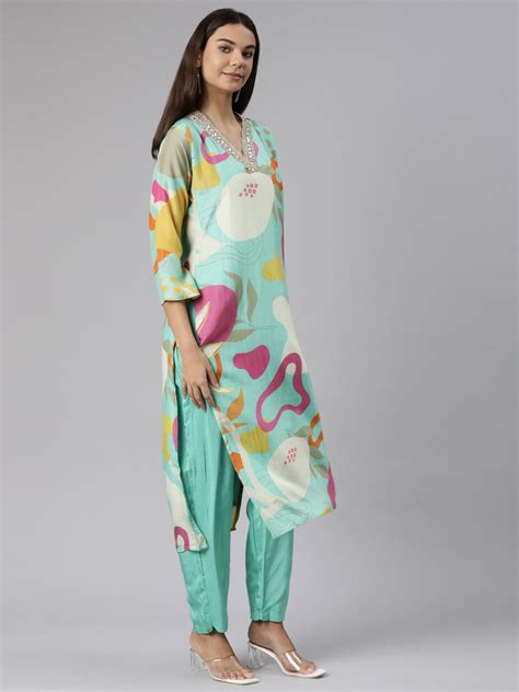 Neerus Green Geometric Printed Muslin Straight Suit Set - Kurta ...