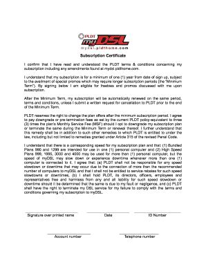 PLDT Subscription Certificate - Fill and Sign Printable Template Online