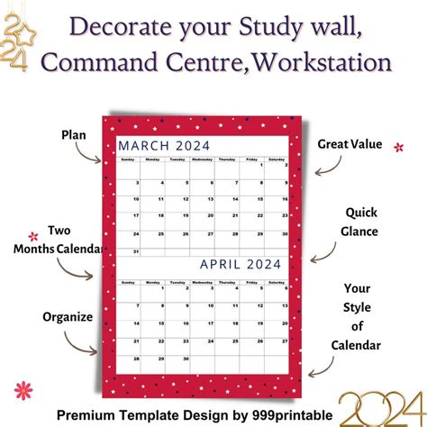 Buy March 2024 Calendar, April 2024 Calendar,lovely Red Calendar,mar ...