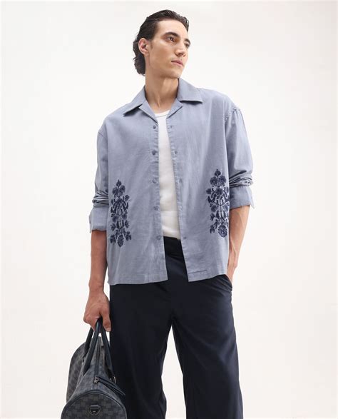 Rare Rabbit Men's Noyon Light Blue Cotton Embroidered Relaxed Fit Full