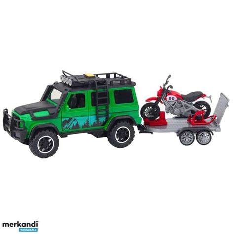 Off-road car with tow truck and motorcycle set lights sounds green ...