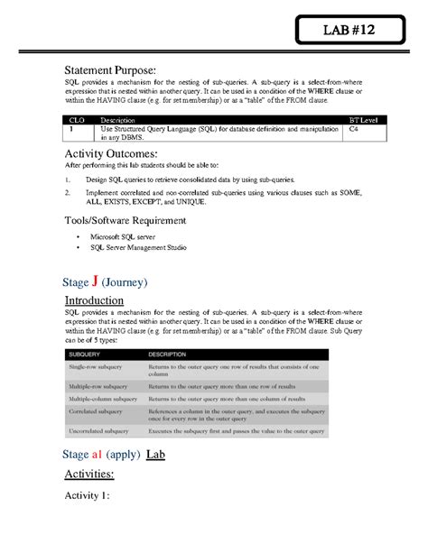 Lab 13,14 - Subqueries - Statement Purpose: SQL provides a mechanism for the nesting of sub ...