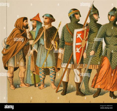 Normans, 1000-1100. From left to right, 1: shepherd, 2: nobleman, 3: pilgrim, 4-5-6: warriors ...