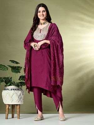 Buy MYSHKA Women Solid V-Neck Bell Sleeves Wine Kurta with Dhoti and ...
