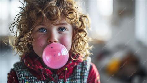 Premium Photo | Cute child chewing gum blowing big pink bubble Child ...