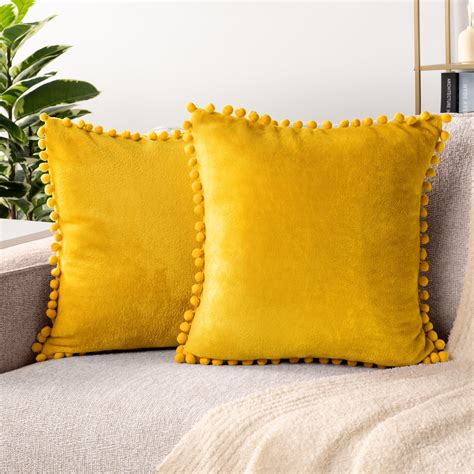 PAVILIA Mustard Yellow Throw Pillow Covers with Pom Pom 20x20 Set of 2 ...