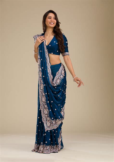 Buy Peacock Blue Zariwork Velvet Saree - Koskii
