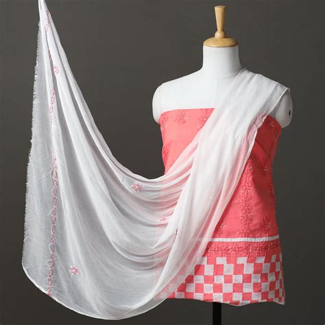 Buy 3pc Lucknow Chikankari Hand Embroidery Cotton Suit Material Set 04 ...