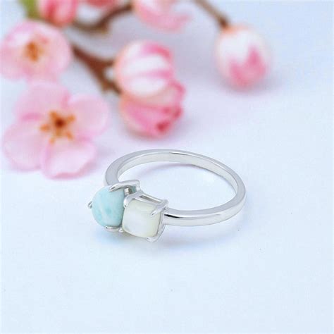 925 Sterling Silver Larimar & Mother of Pearl Dual-Stone Claw-Set Ring ...