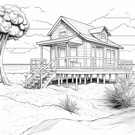 Premium Photo | A drawing of a house on the beach with a tree generative ai