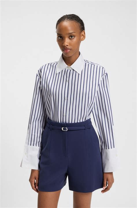 HUGO - Striped blouse in cotton poplin with contrast trims - Blue Patterned
