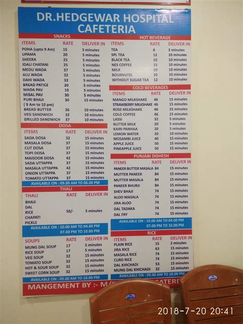 Menu at Hedgewar Hospital Canteen, Aurangabad