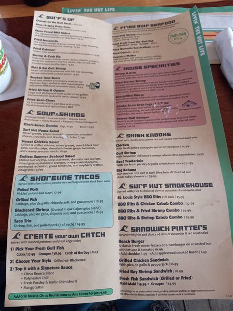 Menu at Surf Hut restaurant, Destin
