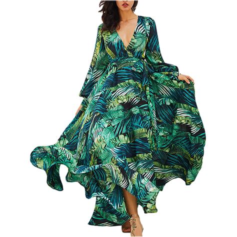 Sentmoon Hawaiian V-Neck Long Sleeve Beach Dress, Solid Color, Casual ...