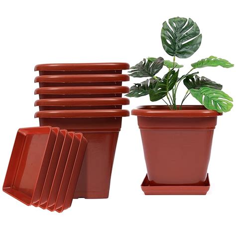 GEEVOX Premium Square Plastic Flower Pots and Planters with Drip Tray-9 ...