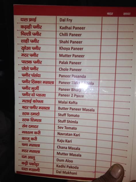 Menu at New Prince Da Dhaba, Agra