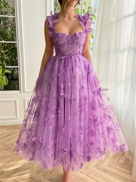 Leah | Aline Lilac Corset Tulle Midi Prom Dress with 3D Butterflies ...