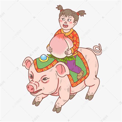 猪年2019年女娃骑猪素材图片免费下载-千库网
