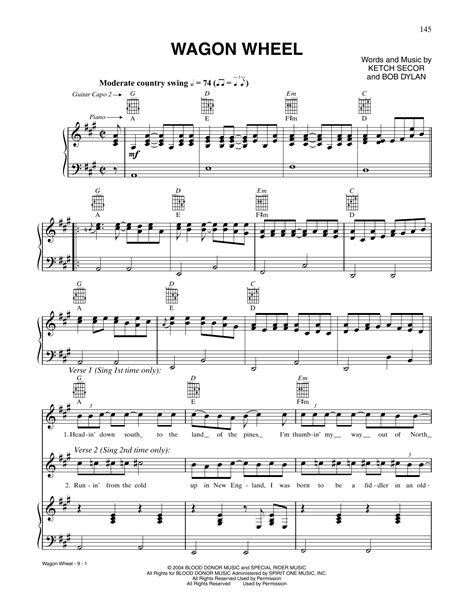 Wagon Wheel by Bob Dylan Sheet Music for Piano, Vocal & Guitar Chords ...