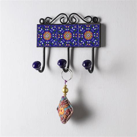 Blue Original Blue Pottery Ceramic Tile Wall Hook Hanger (3 Peg)