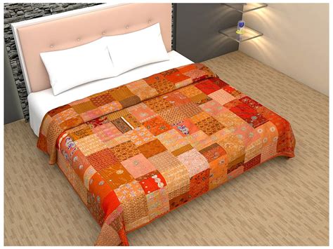 Indigenous Handicrafts Vintage Patch & Kantha Work Orange Bed Cover ...