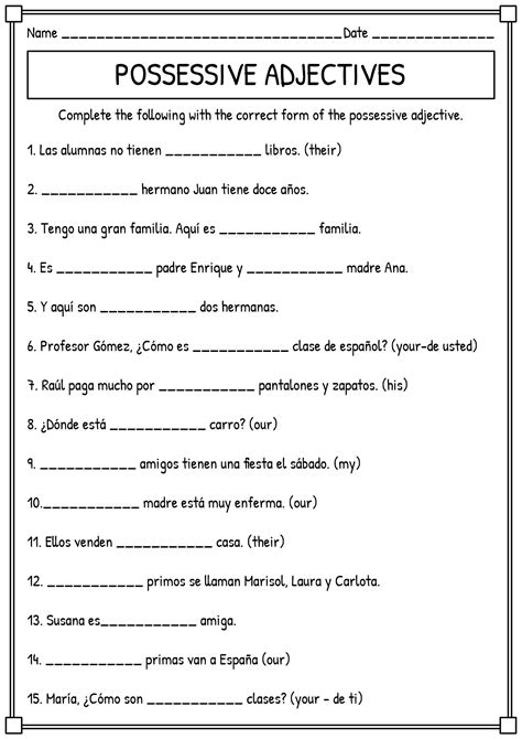 Possessive Adjectives Spanish Worksheet - Admuscente