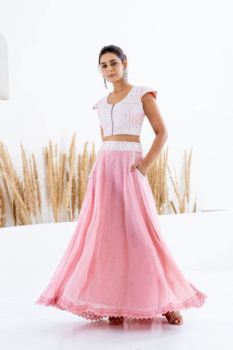 Pink habotai silk kalidar skirt with embroidered crop top