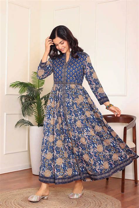 Dark Blue Anarkali Cotton Hand Printed Ethnic Maxi Dress – Gulab Chand ...