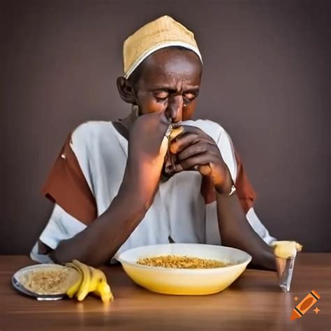Somali man eating banana with rice on Craiyon