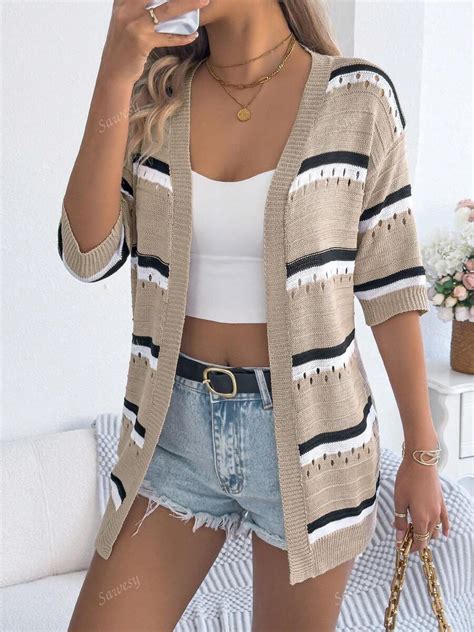 Casual Striped Lightweight Open Front Short Sleeve Cover-Up Cardigan ...