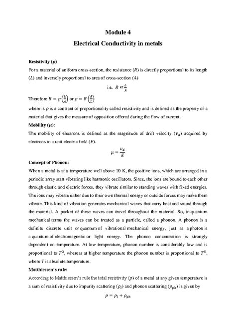 Electrical Conductivity in Metals - Insights from Module 4 - Studocu